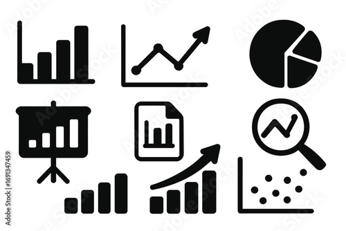 Set of business analytics icons for data analysis, statistics, and financial reporting. Vector graph, chart, and diagram symbols for marketing research and infographics.