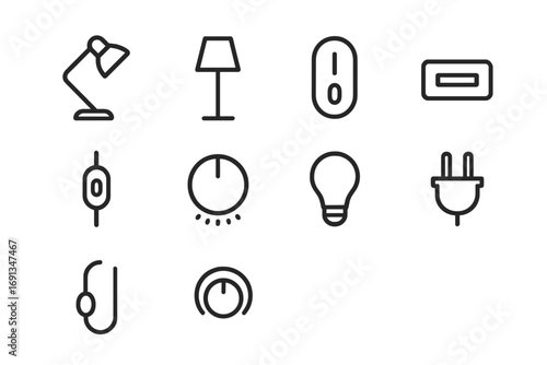 Lamp Switch Icons Grid. Outline icon set of floor and desk lamp switches: desk lamp, floor lamp, switch button
