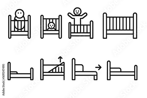 Crib Growth Stages. Outline icon set of crib growth stages: newborn, infant, toddler, convertible crib, toddler bed, mattress