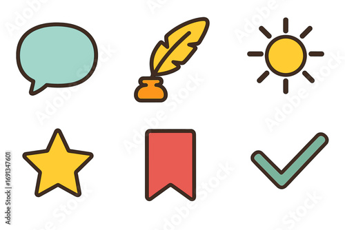 Colorful Icon Grid. Flat vector mini-illustrations Quote and affirmation grid in colors children’s illustrations: speech bubble,