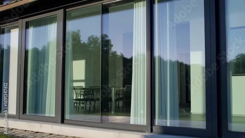 Wallpaper Mural Modern sliding glass doors with white curtains, reflecting a patio or interior space Torontodigital.ca