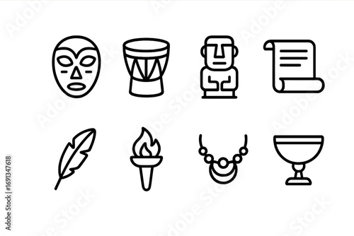 Cultural Heritage Icons. Outline icon set of cultural heritage: mask, drum, statue, scroll, feather, torch, necklace, ceremonial