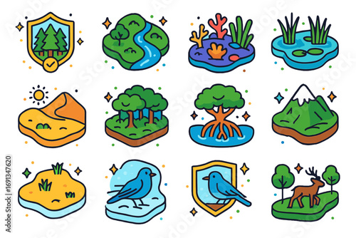 Colorful Habitat Icons. Colorful isometric vector icons set of habitat preservation: protected forest, river ecosystem, coral reef