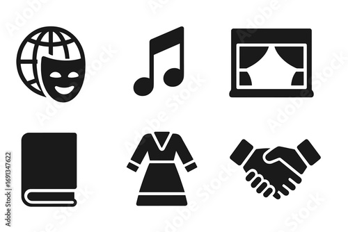 Cultural Icons Grid. Solid, filled icon set of global culture: globe with mask, musical note, theater stage, camera, book,