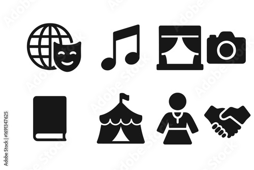 Cultural Icons Grid. Solid, filled icon set of global culture: globe with mask, musical note, theater stage, camera, book,