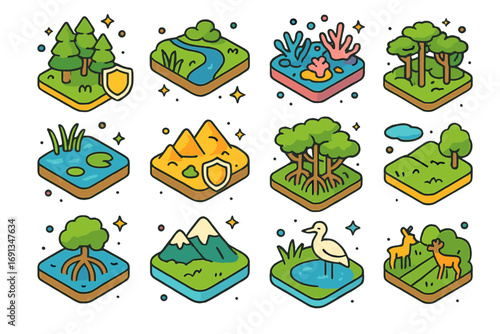 Colorful Habitat Icons. Colorful isometric vector icons set of habitat preservation: protected forest, river ecosystem, coral reef