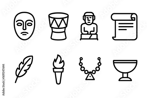 Cultural Heritage Icons. Outline icon set of cultural heritage: mask, drum, statue, scroll, feather, torch, necklace, ceremonial