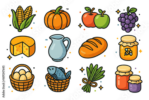 Colorful Harvest Icons. Colorful isometric vector icons set of countryside food and harvest: corn cobs, pumpkin, apples, grapes,