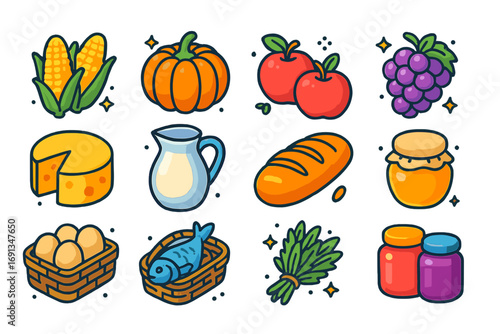 Colorful Harvest Icons. Colorful isometric vector icons set of countryside food and harvest: corn cobs, pumpkin, apples, grapes,