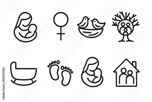 Cultural Motherhood Icons. Outline icon set of cultural motherhood symbols: mother and child icon, fertility symbol, nesting birds