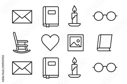 Nostalgia Icon Collection. Outline icon set of nostalgia and reflection: old letter, diary, candle, glasses,