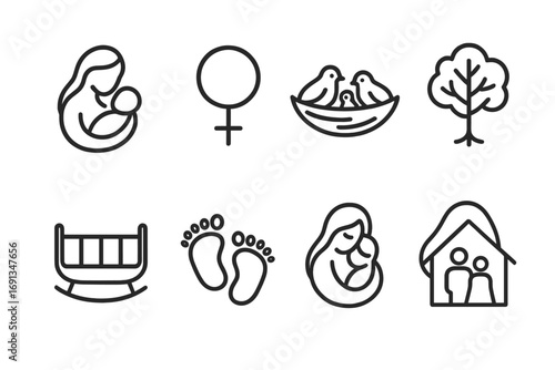 Cultural Motherhood Icons. Outline icon set of cultural motherhood symbols: mother and child icon, fertility symbol, nesting birds