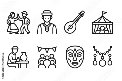 Cultural Icons Overview. Outline icon set of local culture: folk dance, traditional costume, musical instrument, local festival,