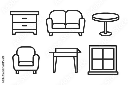 Furniture line icon set. Home interior design symbols. Vector collection of simple outline pictograms for web and apps. Editable stroke. Couch, table, chair, window.