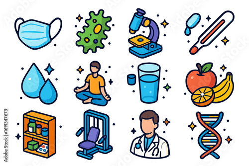 Colorful Health Icon Grid. Colorful isometric vector icons set of health: medical mask, bacteria, microscope, thermometer, drops,