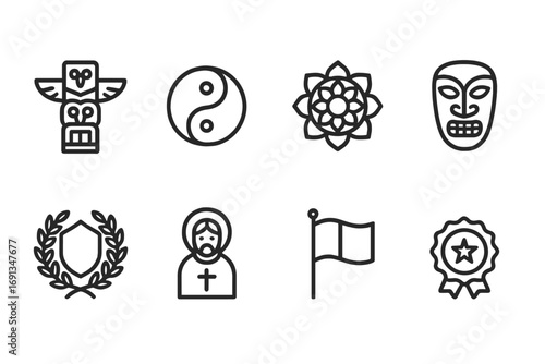 Cultural Symbols Icons. Outline icon set of cultural symbols: totem pole, yin yang, mandala, tribal mask, national flag, emblem,