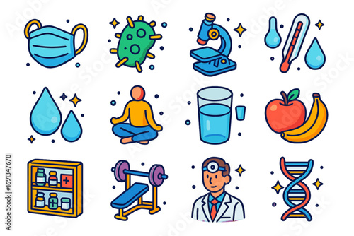Colorful Health Icon Grid. Colorful isometric vector icons set of health: medical mask, bacteria, microscope, thermometer, drops,
