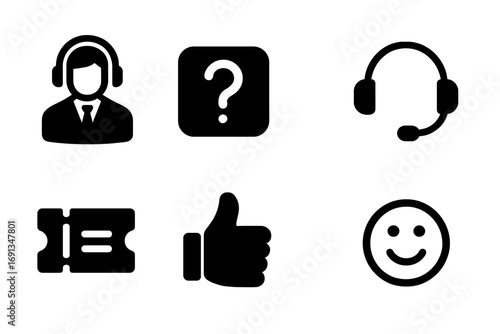 Customer Service Icons. Solid, filled icon set of customer service: support agent, help desk, headset, chat, ticket, feedback,