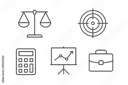 Business line icon set. Finance, law, strategy concepts. Calculator, growth chart, target, scales, briefcase symbols. Minimal vector pictogram for web, app design. Editable stroke.