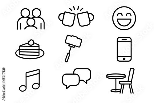 Social Coffee Icons. Outline icon set of social gatherings over coffee: group of friends, clinking mugs,
