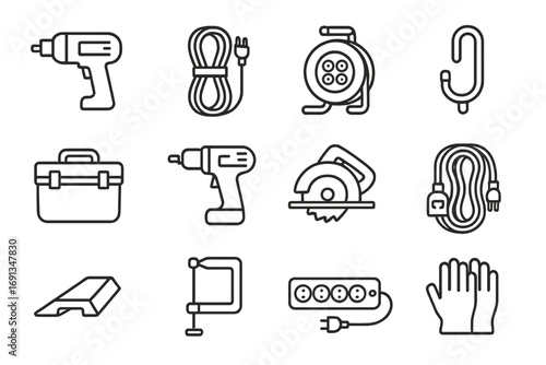 Workshop Cord Icons. Outline icon set of workshop cord organization: power tool, extension cord, reel, wall