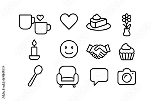 Coffee Date Icons. Outline icon set of coffee dates: two mugs, heart symbol, dessert plate, candle, flower