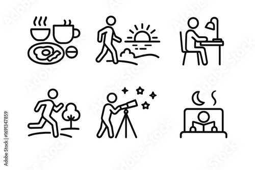 Daily Activity Icons. Outline icon set of daily activities: breakfast, sunset walk, working at desk, reading by lamp, outdoor jog,