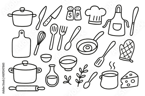 Kitchen utensils and cookware doodle set. Hand drawn vector line art icons for cooking and food preparation. Chef hat, apron, pot, pan, knife, and other elements.