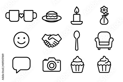 Coffee Date Icons. Outline icon set of coffee dates: two mugs, heart symbol, dessert plate, candle, flower