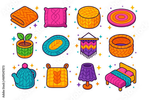 Colorful Knitted Home Decor. Colorful isometric vector icons set of home decor knitwear: knitted throw blanket, cushion cover,