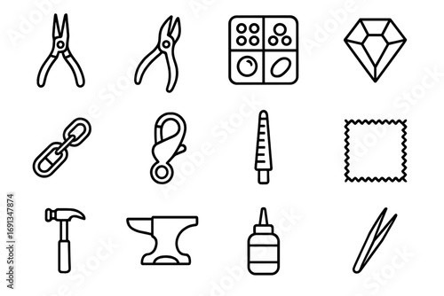 Jewelry Tool Icons. Outline icon set of jewelry making: pliers, wire cutter, bead box, gemstone, chain, clasp,