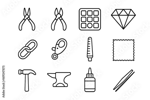 Jewelry Tool Icons. Outline icon set of jewelry making: pliers, wire cutter, bead box, gemstone, chain, clasp,