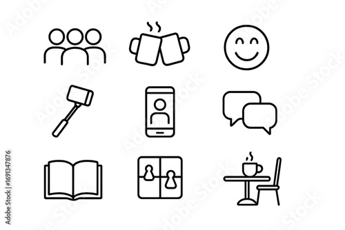 Social Coffee Icons. Outline icon set of social gatherings over coffee: group of friends, clinking mugs,