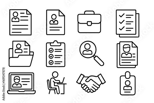 Job and recruitment line icon set. Human resources, career, and office work concepts. Editable stroke vector pictograms for web, apps. Contains resume, cv, and hiring.