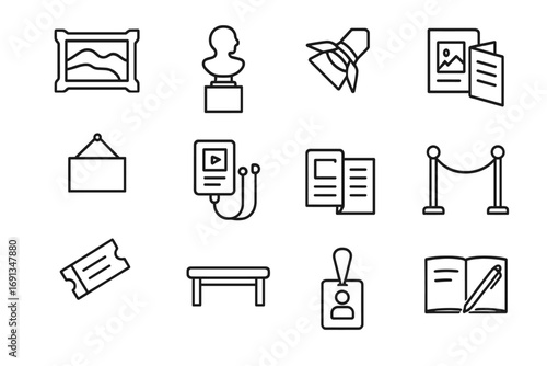Art Exhibition Essentials. Outline icon set of art exhibition preparation: framed painting, sculpture,