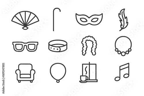 Dance and Smoke Icons. Outline icon set of dance accessories: fan, cane, mask, feather boa, sunglasses, wristband, necklace,