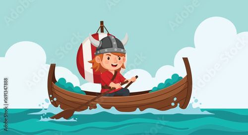 Cute cartoon Viking child sailing a small drakkar ship 1.