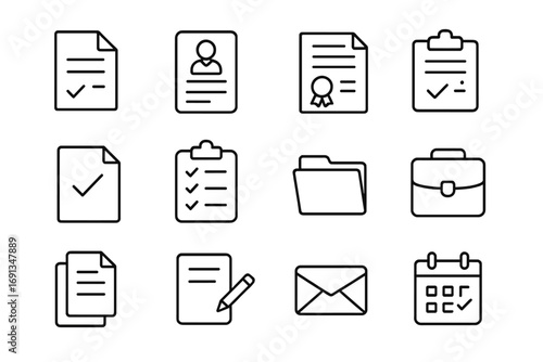 Job search and office work line icon set. Business documents, resume, CV, and recruitment concept. Vector icons of contract, certificate, portfolio, checklist, and calendar.