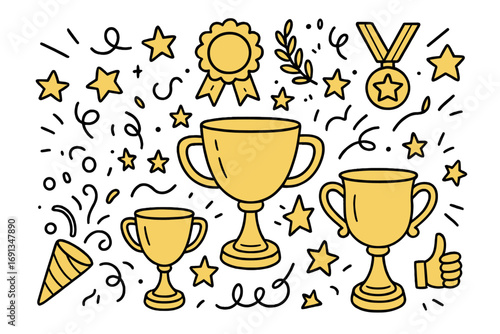 Vector doodle set of celebration and achievement icons. Hand drawn cartoon trophies, medal, and awards for winner, success, and victory. Champion prize collection illustration.