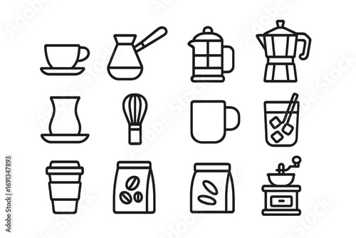 International Coffee Icons. Outline icon set of international coffee culture: espresso, Turkish coffee pot,