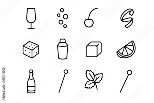 Champagne Cocktail Icons. Outline icon set of champagne cocktails: flute glass, bubbles, cherry, orange twist,