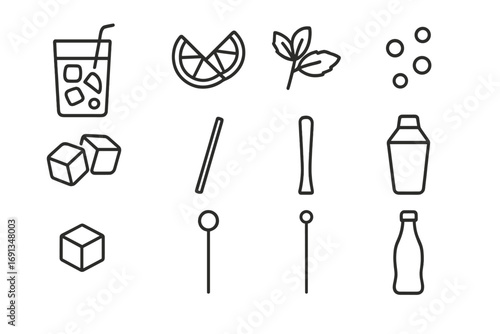 Mojito Icon Set. Outline icon set of mojitos: tall glass, lime wedges, mint sprigs, soda bubbles, ice cubes,