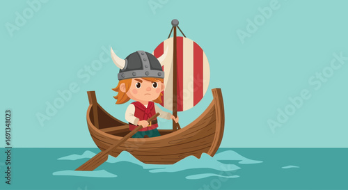 Cute cartoon Viking child sailing a small drakkar ship.