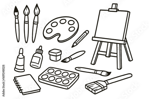 Art tools doodle set. Vector line art illustration of creative supplies. Paint brush, easel, palette, watercolor, sketchbook icons for drawing and painting. Black and white cartoon.