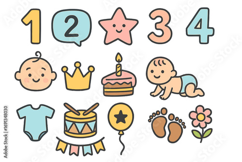 Cute baby birthday milestone icon set. Vector cartoon illustration collection for party invitation or baby shower. Includes numbers, cake, balloon, and newborn elements.