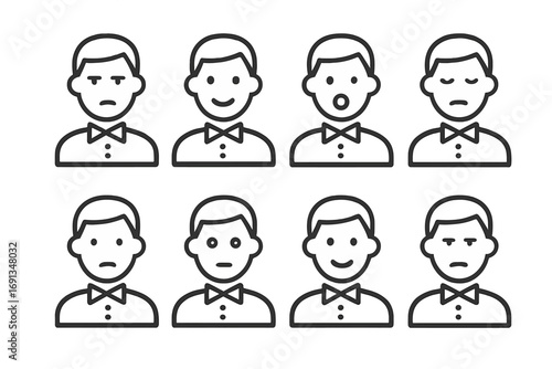 Dealer Emotion Icons. Outline icon set of dealer emotions: focus, smile, surprise, concentration, calm, alert, friendly, serious.