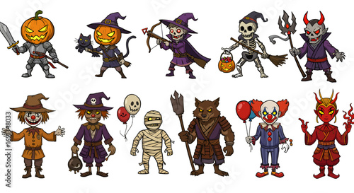Cartoon illustration featuring ten Halloween characters including pumpkin heads, witch, skeleton, devil, scarecrow, mummy, werewolf, and clown.