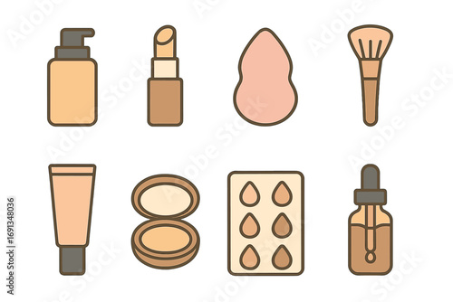 Colorful Makeup Icons. Flat vector mini-illustrations Foundation and concealer kit in colors children's illustrations: foundation