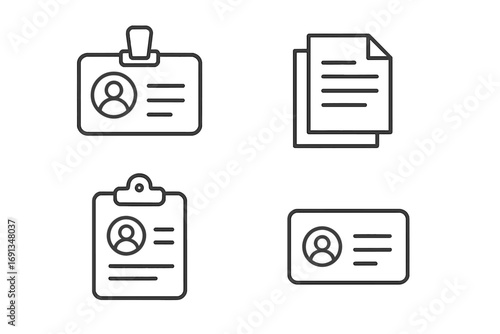 Employee badge line icon collection. ID card, documents, clipboard pictogram set. Human resources, staff identification, personal data, cv, resume, work permit concept vector.