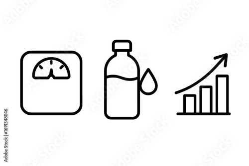Health and fitness icon set. Weight loss scale, water consumption, growth chart. Concept of diet, progress tracking, healthy lifestyle, hydration, results, and body metrics.